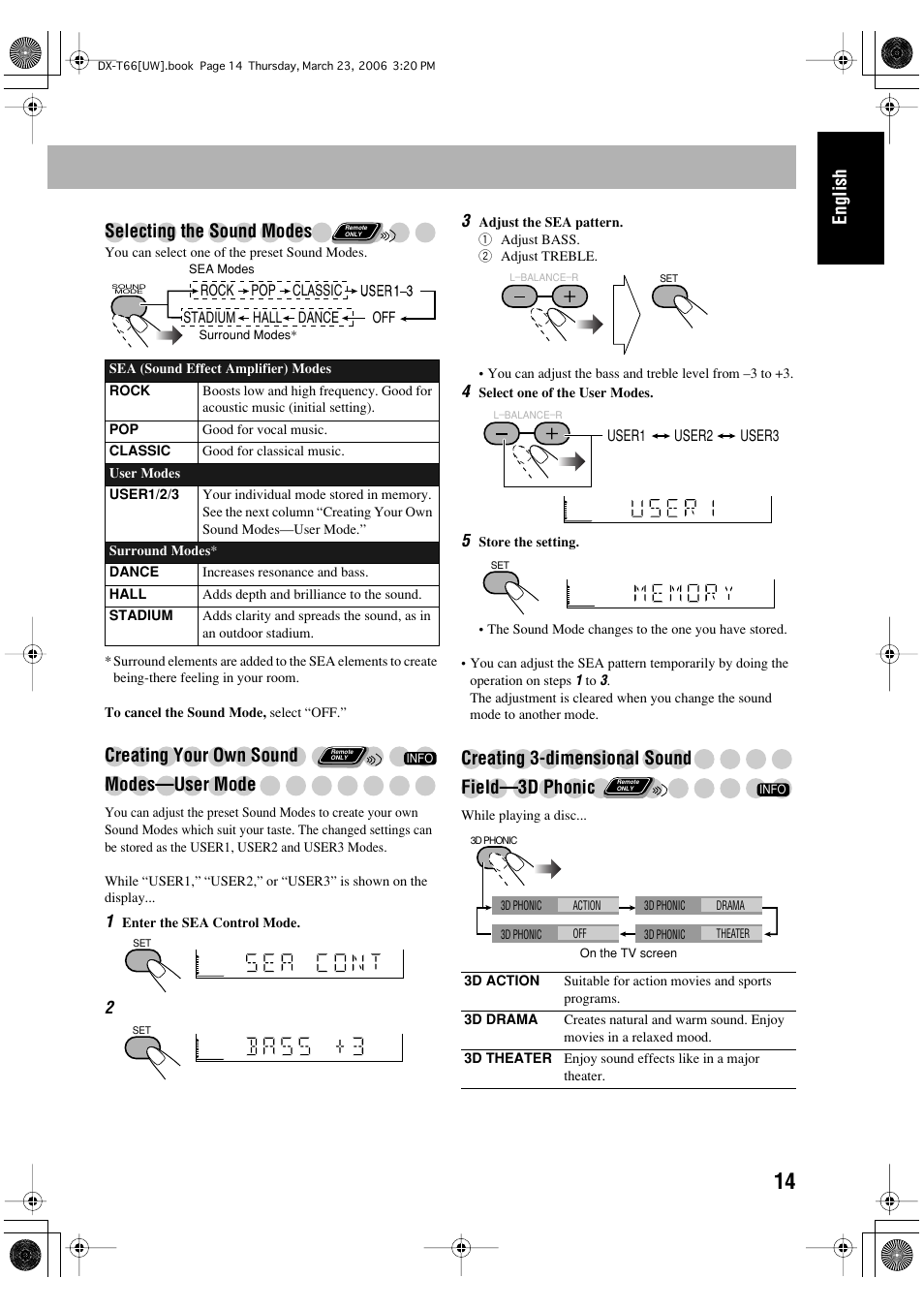 English selecting the sound modes, Creating your own sound modes—user mode, Creating 3-dimensional sound field—3d phonic | JVC DX-T66 User Manual | Page 117 / 356