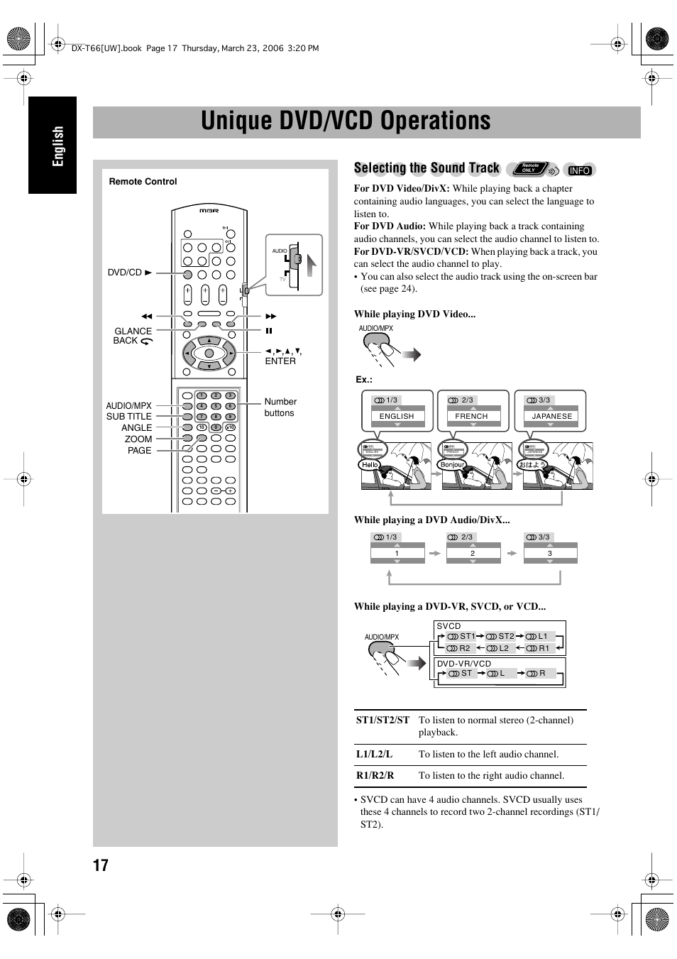 Unique dvd/vcd operations, English, Selecting the sound track | JVC DX-T66 User Manual | Page 120 / 356