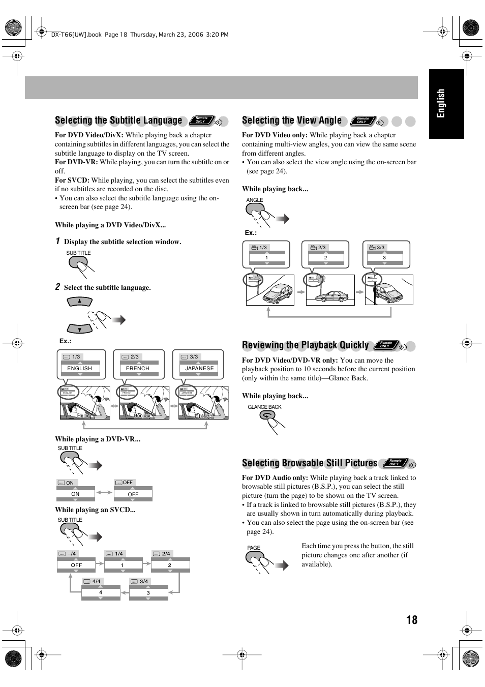 English selecting the subtitle language, Selecting the view angle, Reviewing the playback quickly | Selecting browsable still pictures | JVC DX-T66 User Manual | Page 121 / 356