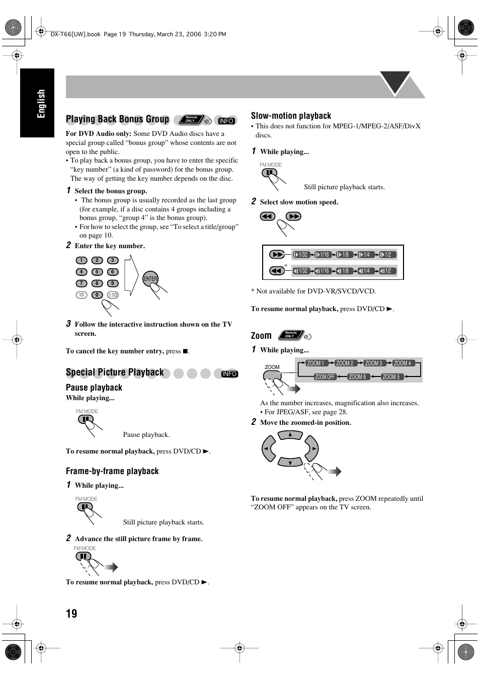 English playing back bonus group, Special picture playback | JVC DX-T66 User Manual | Page 122 / 356