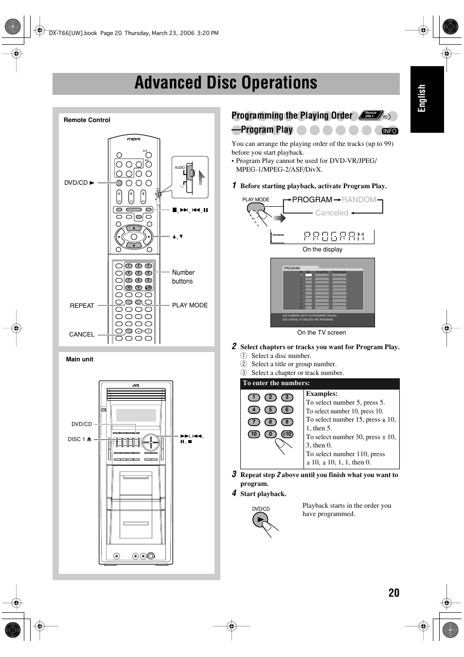 Advanced disc operations, English, Programming the playing order —program play | Program random canceled | JVC DX-T66 User Manual | Page 123 / 356
