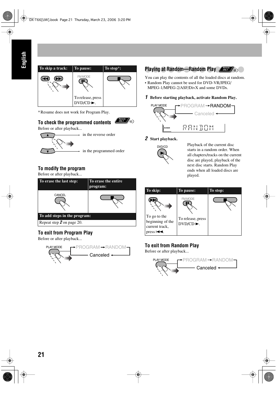 English, Playing at random—random play | JVC DX-T66 User Manual | Page 124 / 356