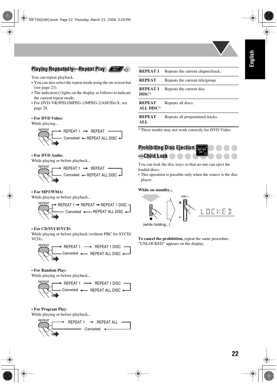 English, Playing repeatedly—repeat play, Prohibiting disc ejection —child lock | JVC DX-T66 User Manual | Page 125 / 356