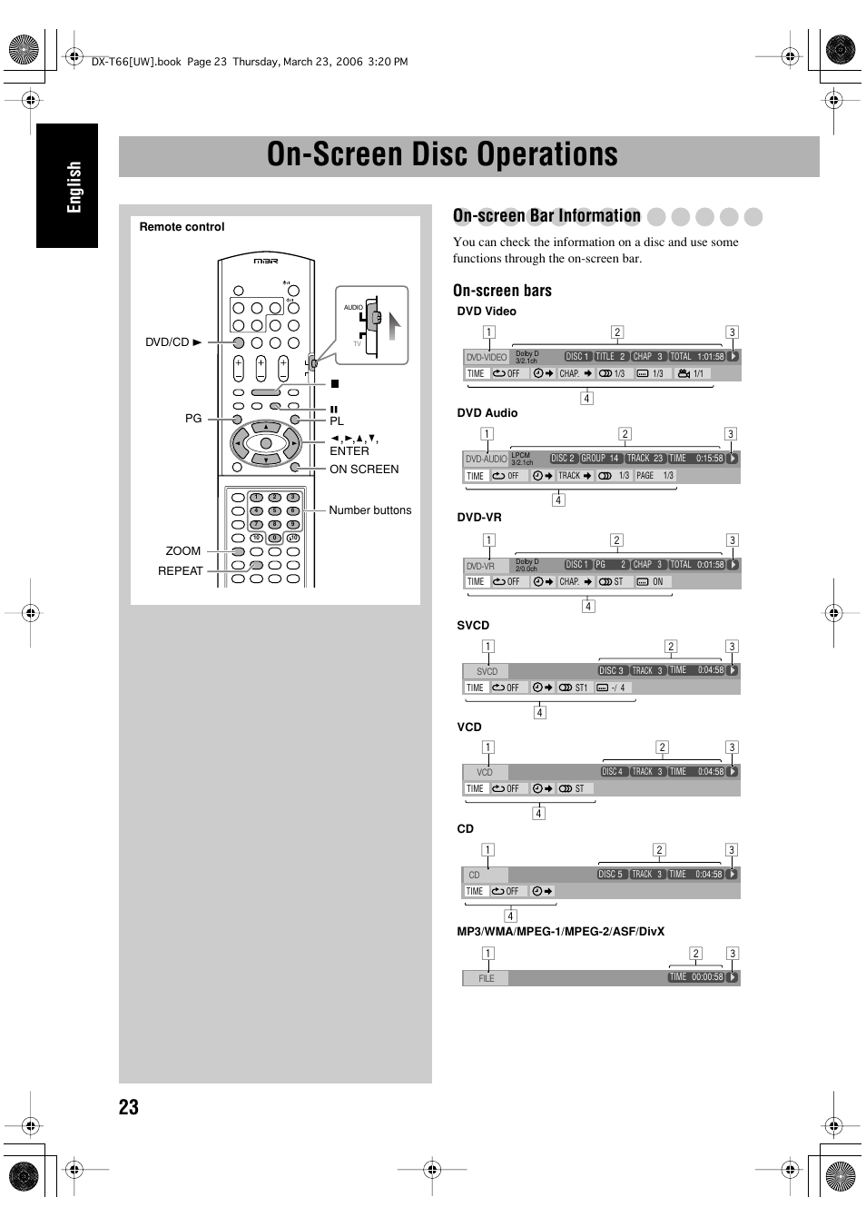 On-screen disc operations, English, On-screen bar information | On-screen bars | JVC DX-T66 User Manual | Page 126 / 356