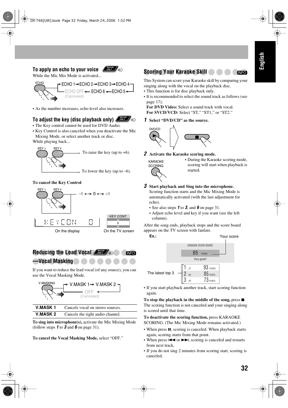 English, Reducing the lead vocal —vocal masking, Scoring your karaoke skill | JVC DX-T66 User Manual | Page 135 / 356