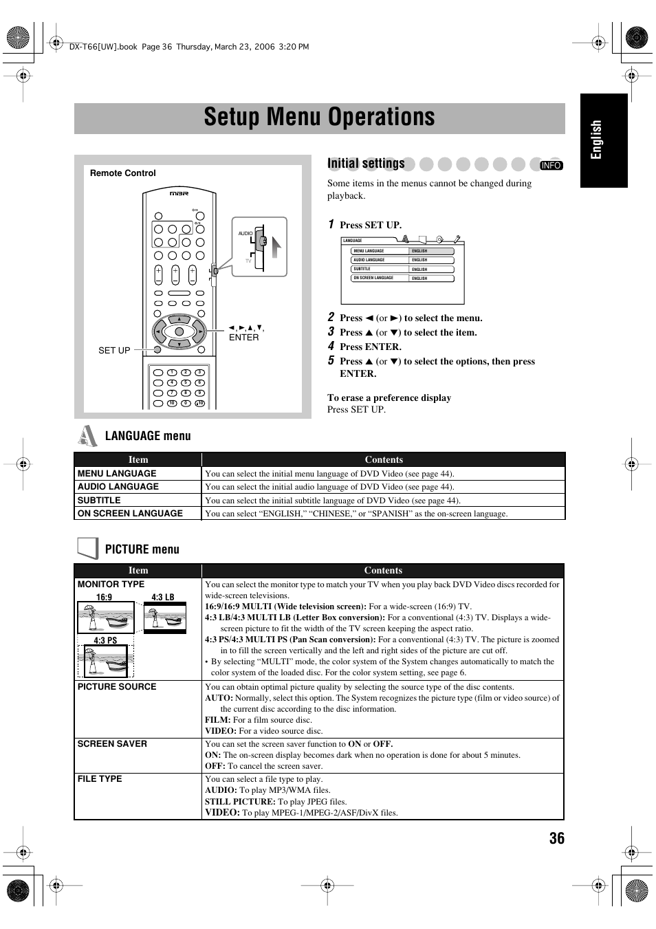 Setup menu operations, English, Initial settings | Language menu picture menu | JVC DX-T66 User Manual | Page 139 / 356