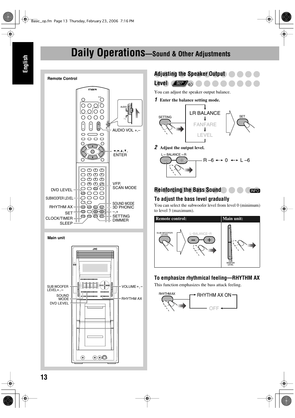 Daily operations —sound & other adjustments, Daily operations, Sound & other adjustments | English, Adjusting the speaker output level, Reinforcing the bass sound | JVC DX-T66 User Manual | Page 16 / 356