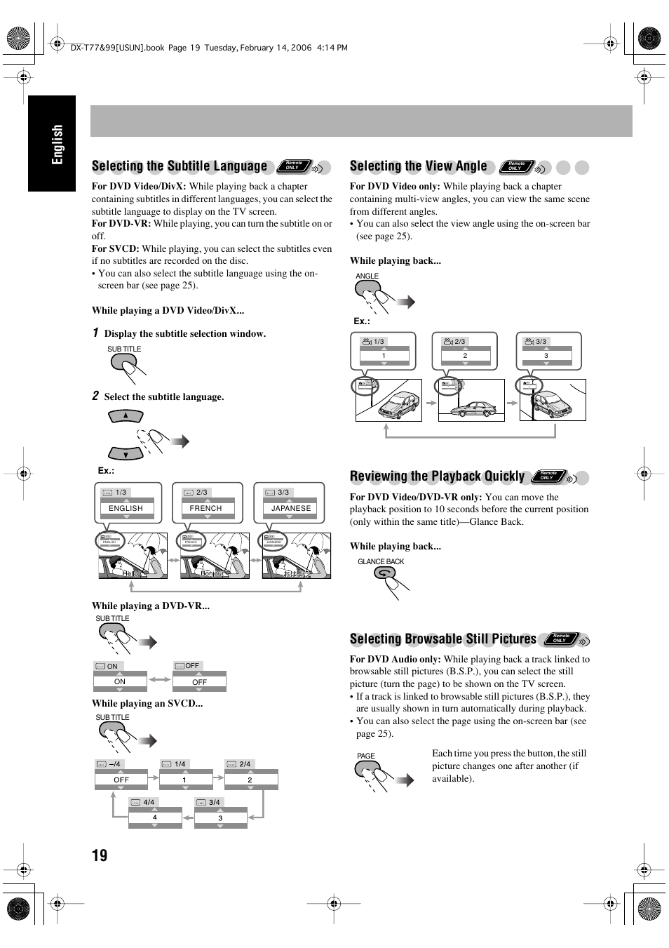 English selecting the subtitle language, Selecting the view angle, Reviewing the playback quickly | Selecting browsable still pictures | JVC DX-T66 User Manual | Page 172 / 356