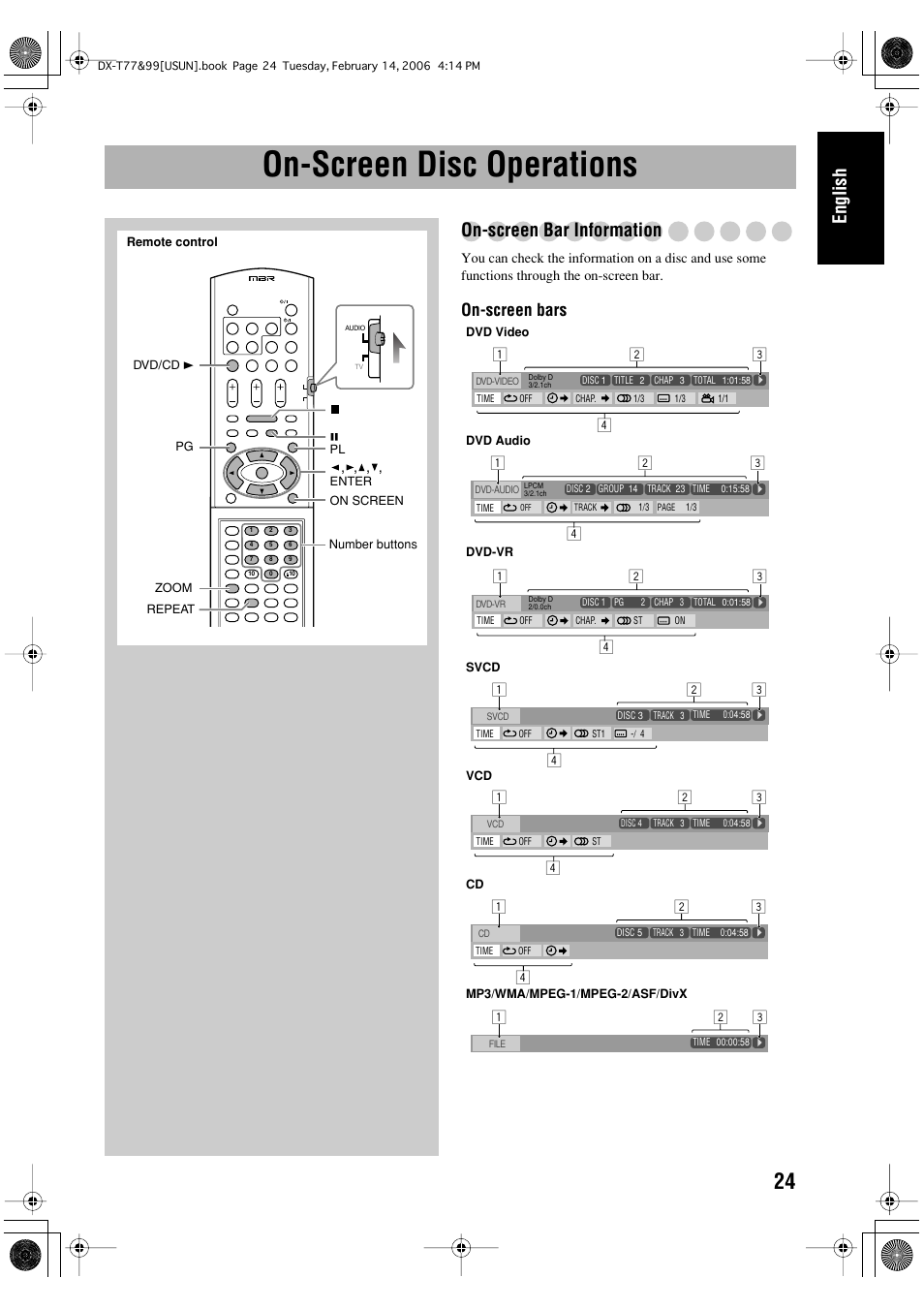 On-screen disc operations, English, On-screen bar information | On-screen bars | JVC DX-T66 User Manual | Page 177 / 356