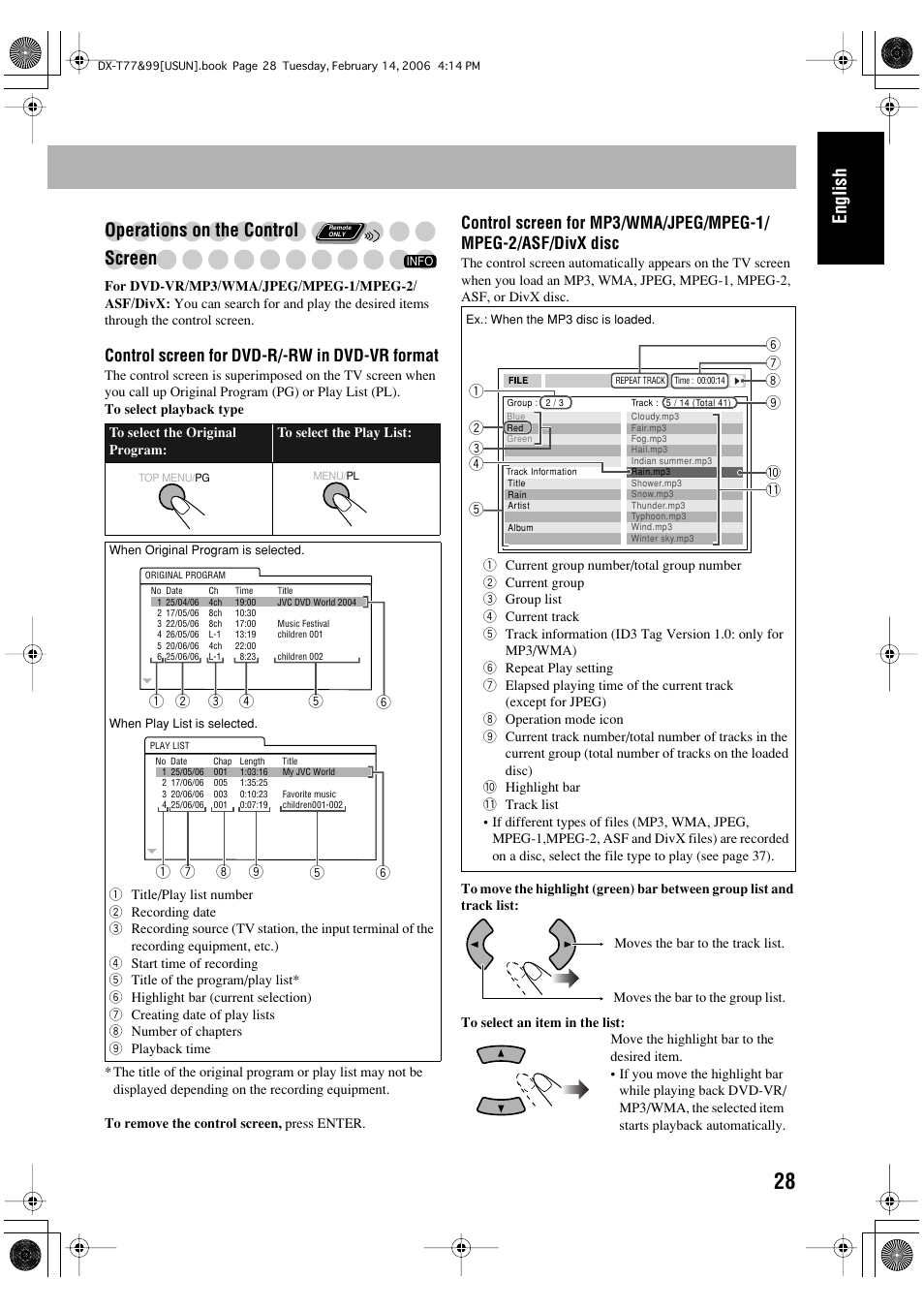 English operations on the control screen, Control screen for dvd-r/-rw in dvd-vr format | JVC DX-T66 User Manual | Page 181 / 356