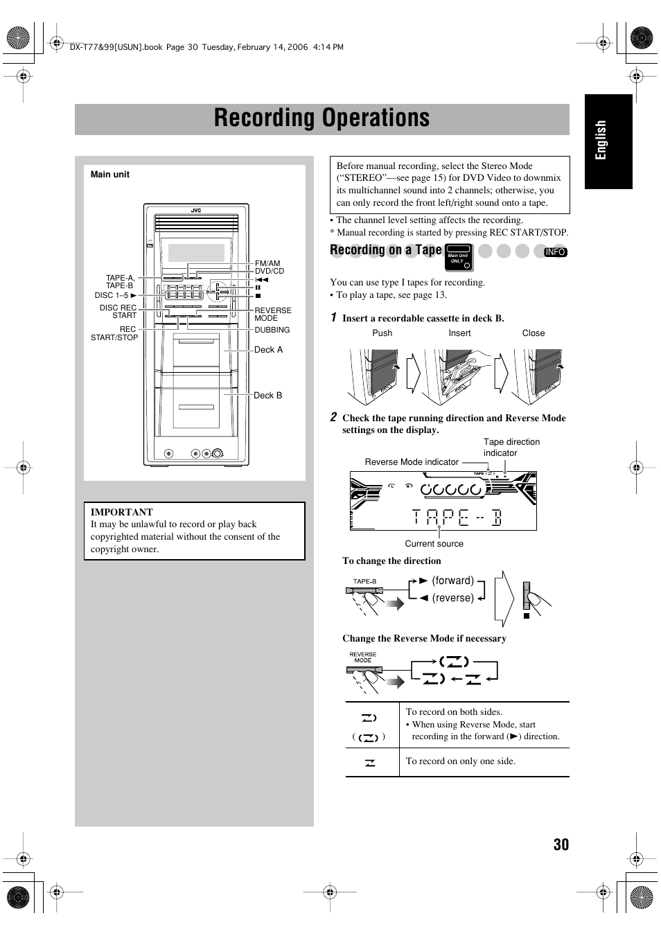 Recording operations, English, Recording on a tape | JVC DX-T66 User Manual | Page 183 / 356