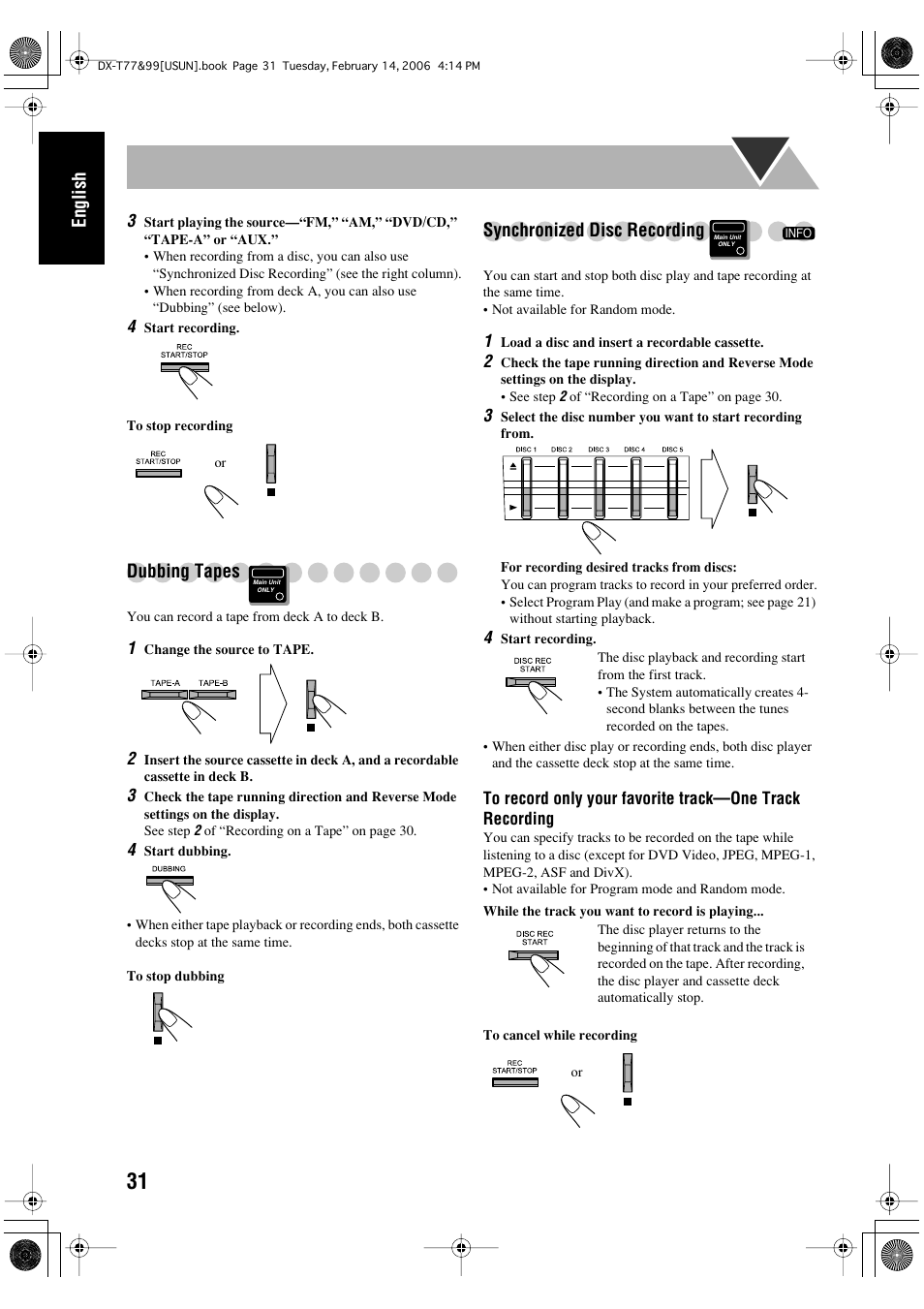 English, Dubbing tapes, Synchronized disc recording | JVC DX-T66 User Manual | Page 184 / 356