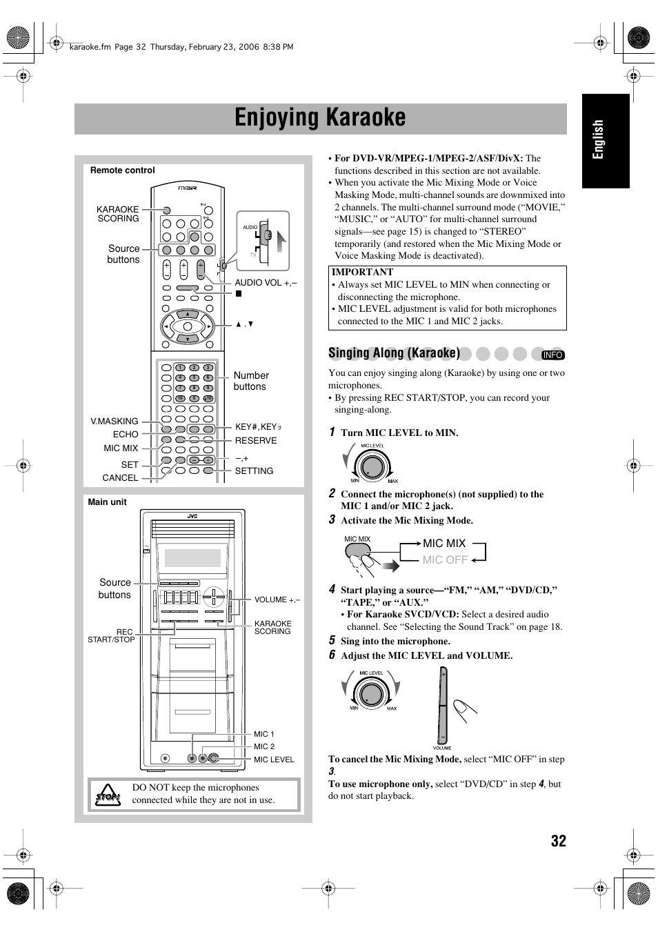 Enjoying karaoke, English, Singing along (karaoke) | JVC DX-T66 User Manual | Page 185 / 356