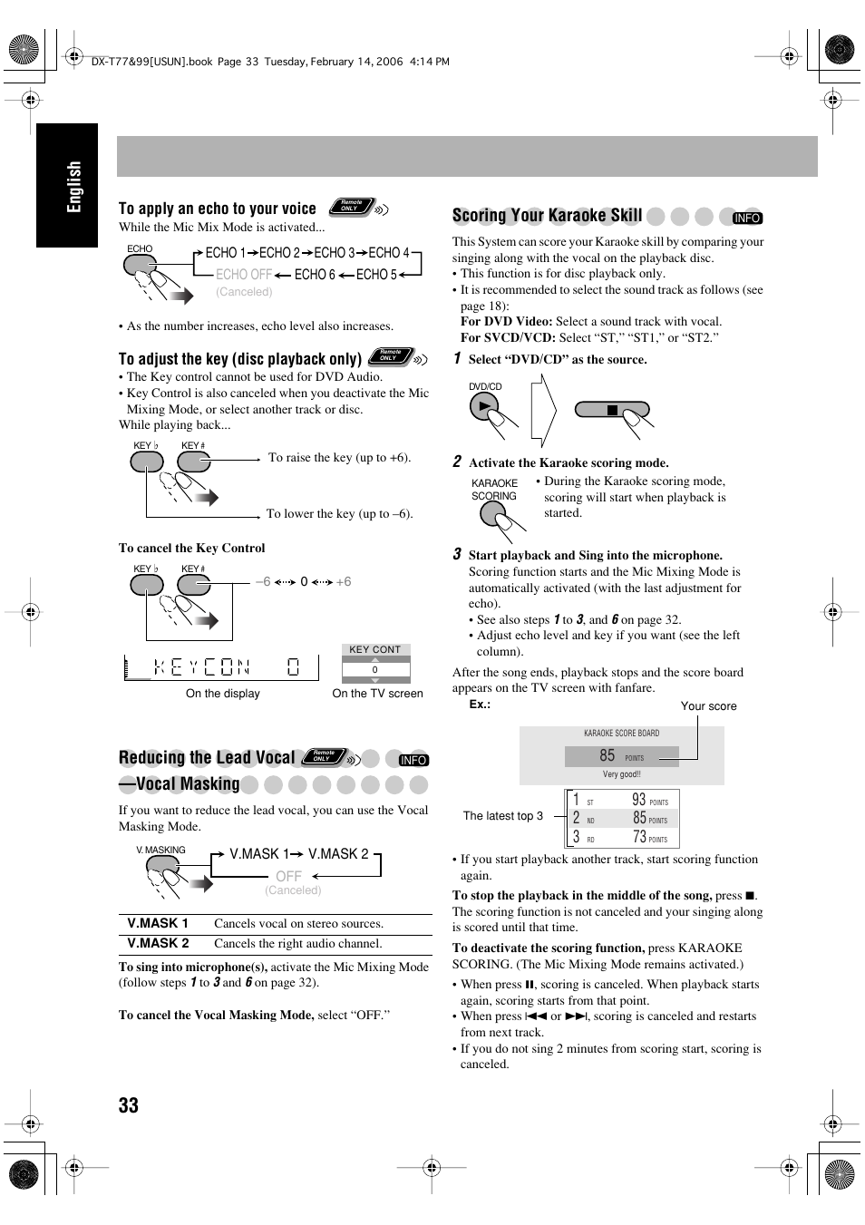 English, Reducing the lead vocal —vocal masking, Scoring your karaoke skill | JVC DX-T66 User Manual | Page 186 / 356