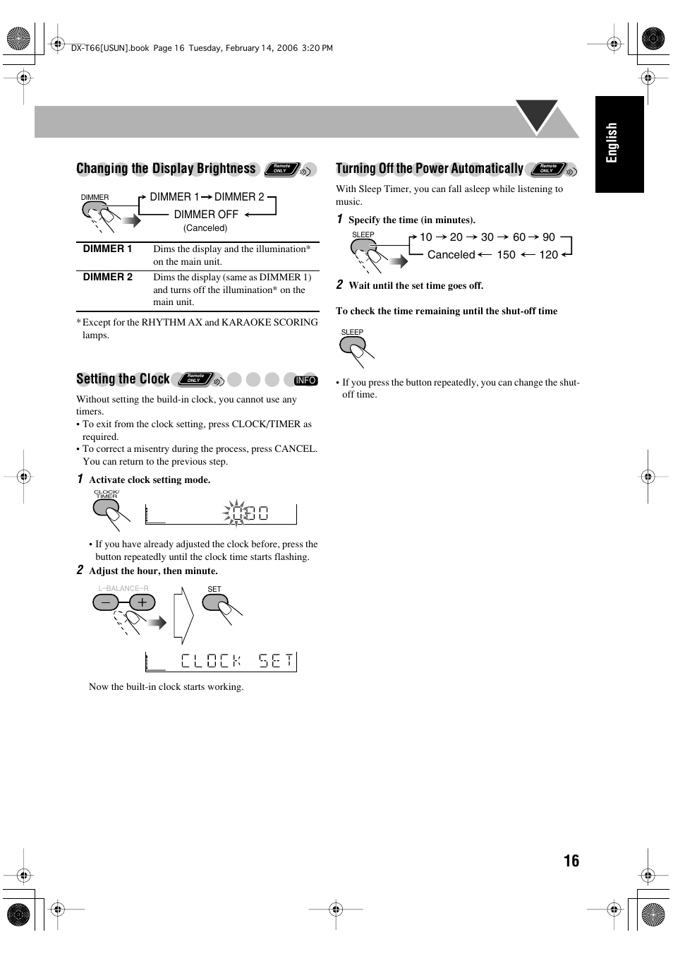 English changing the display brightness, Setting the clock, Turning off the power automatically | JVC DX-T66 User Manual | Page 19 / 356