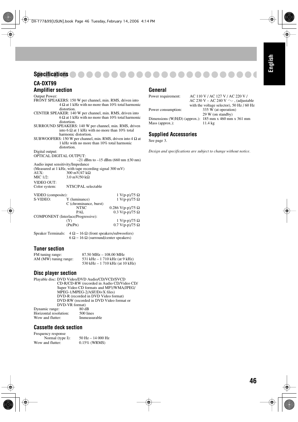 English specifications, General, Supplied accessories | JVC DX-T66 User Manual | Page 199 / 356