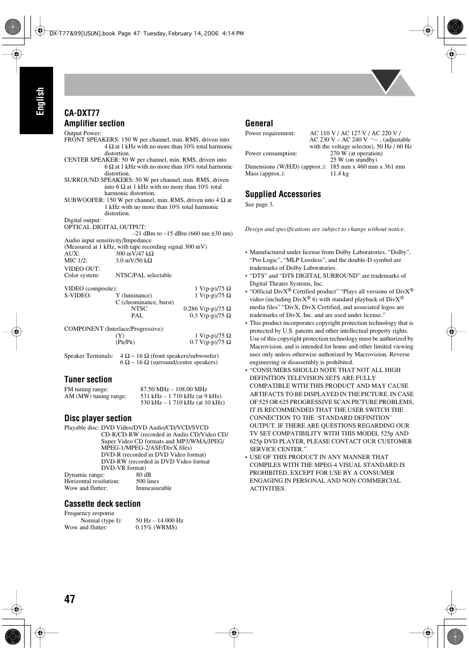 English, General, Supplied accessories | JVC DX-T66 User Manual | Page 200 / 356