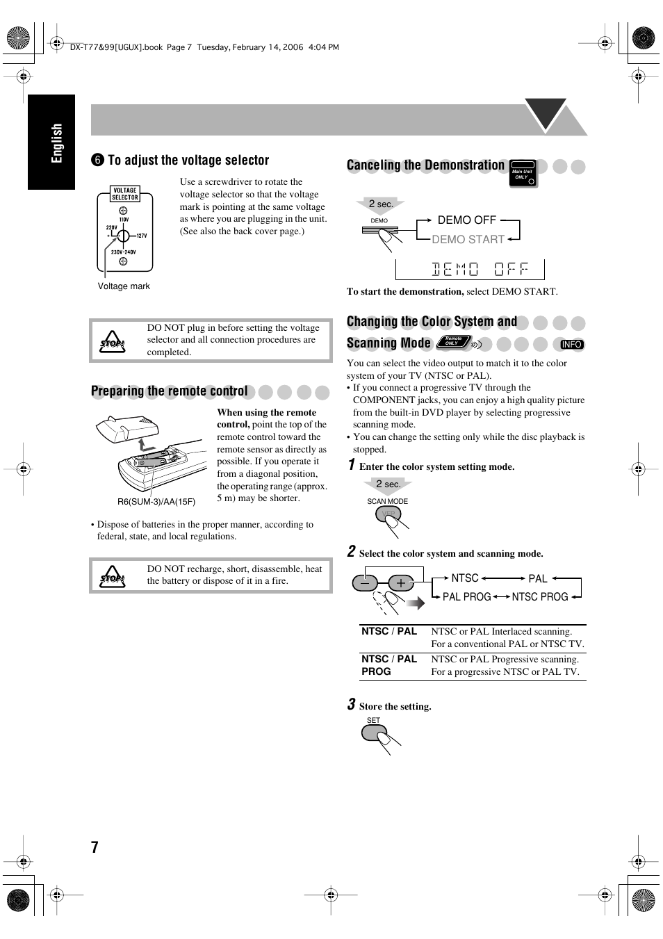 English, Canceling the demonstration, Changing the color system and scanning mode | JVC DX-T66 User Manual | Page 212 / 356