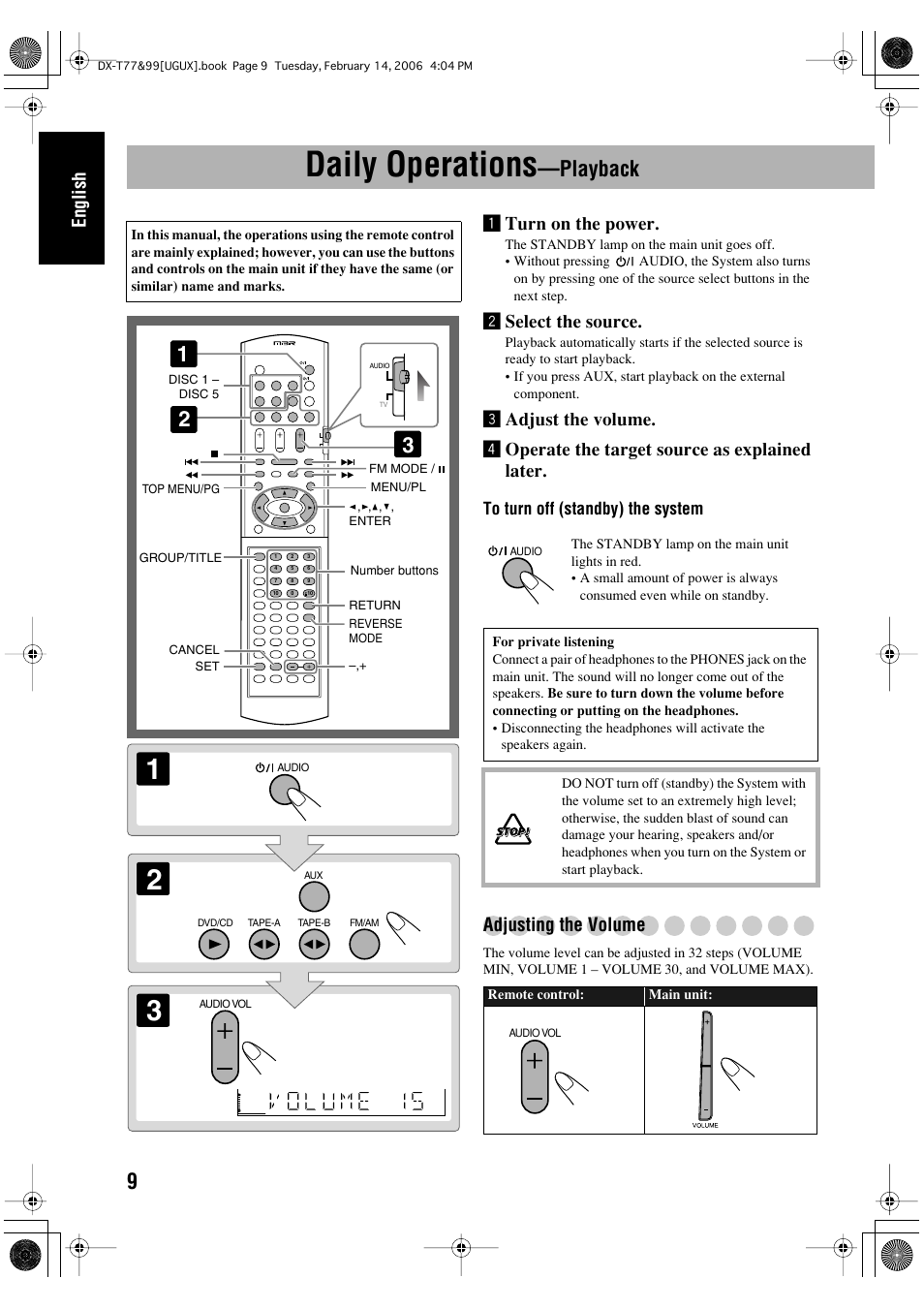 Daily operations —playback, Daily operations, Playback | English, Turn on the power, Øselect the source, Adjusting the volume | JVC DX-T66 User Manual | Page 214 / 356