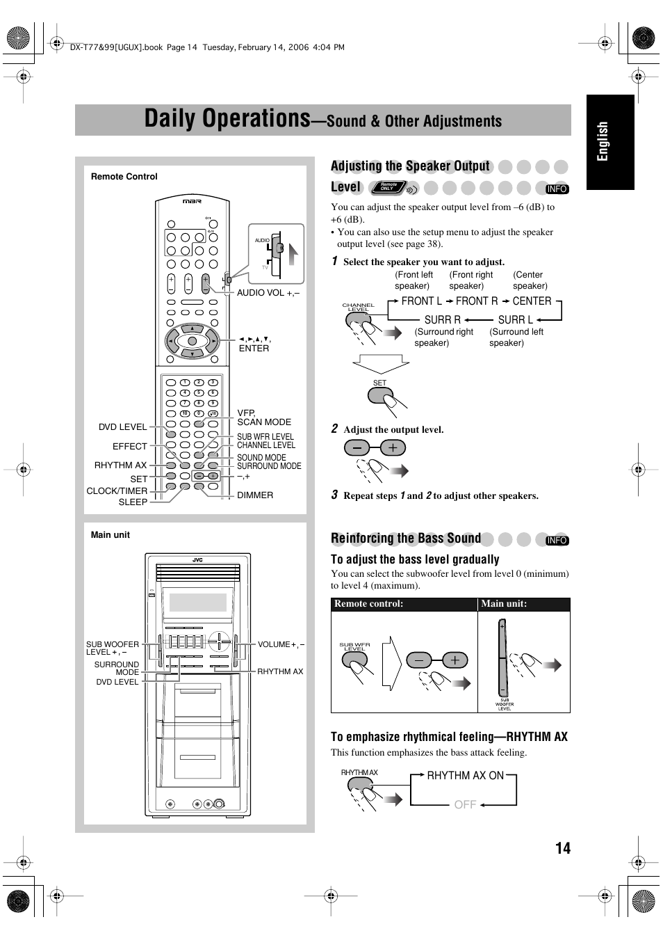 Daily operations —sound & other adjustments, Daily operations, Sound & other adjustments | English, Adjusting the speaker output level, Reinforcing the bass sound | JVC DX-T66 User Manual | Page 219 / 356