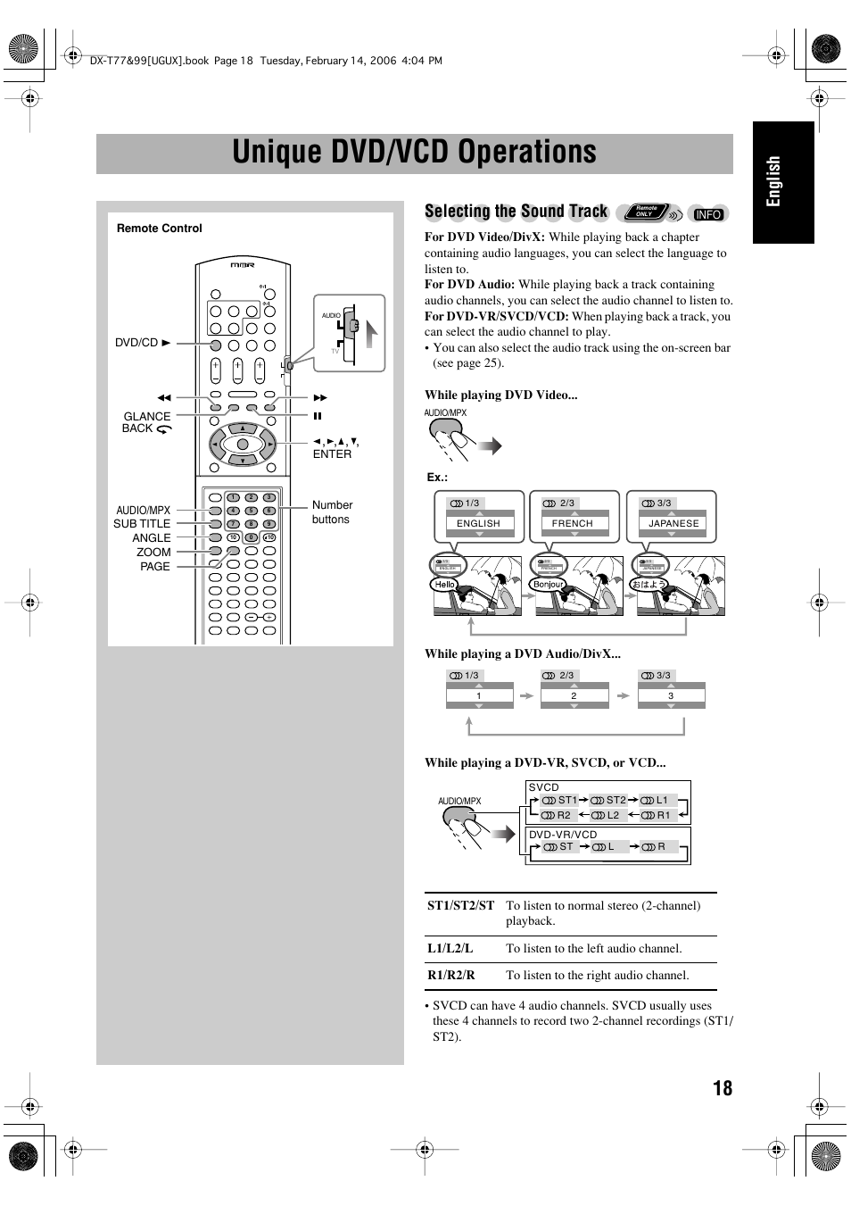 Unique dvd/vcd operations, English, Selecting the sound track | JVC DX-T66 User Manual | Page 223 / 356