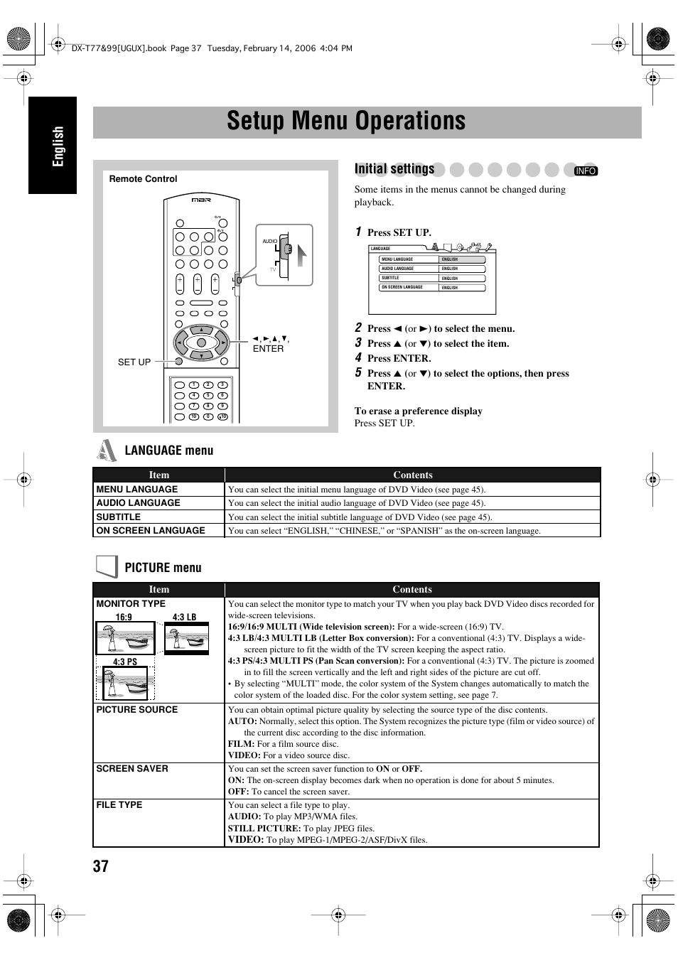 Setup menu operations, English, Initial settings | Language menu picture menu | JVC DX-T66 User Manual | Page 242 / 356