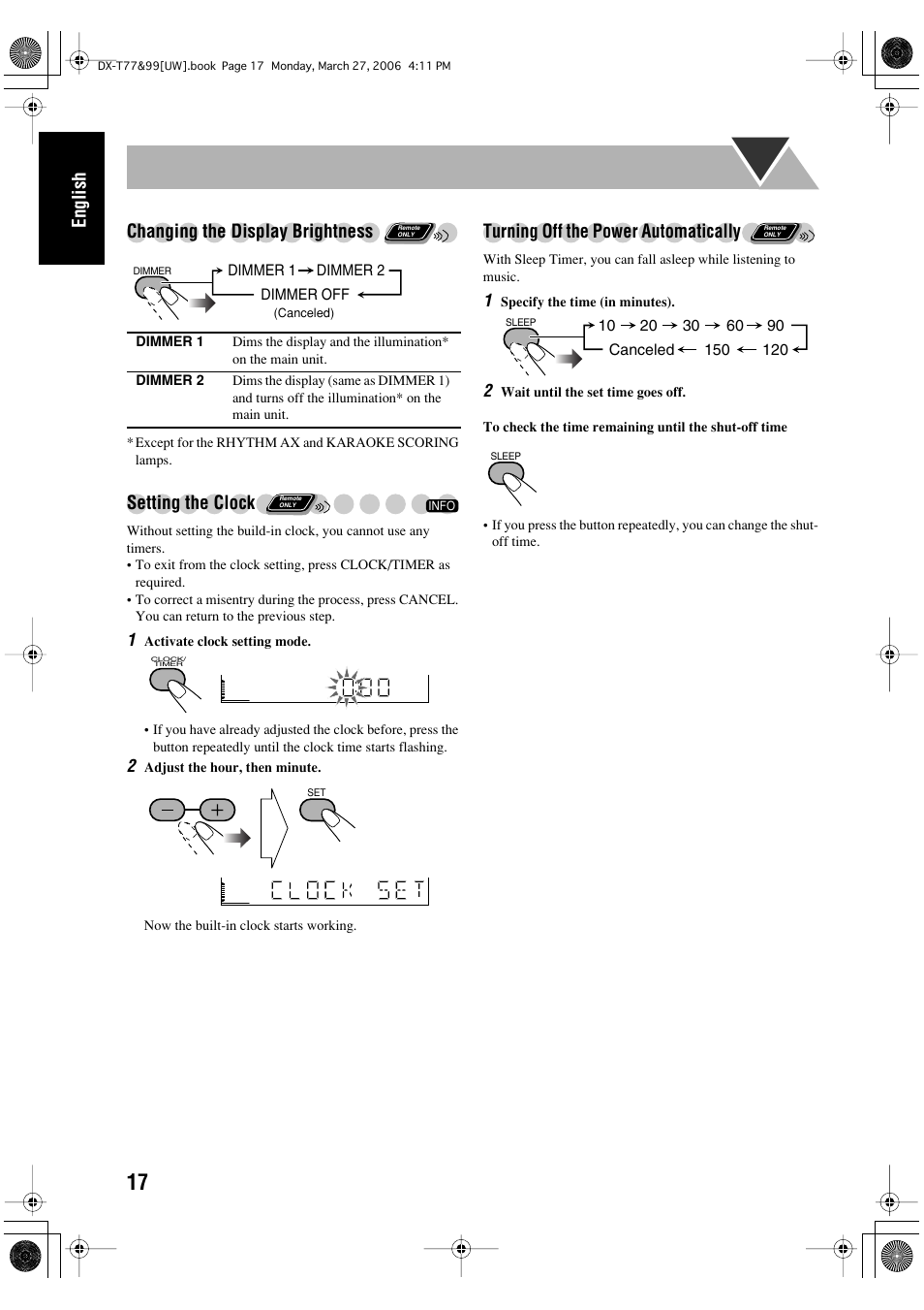 English changing the display brightness, Setting the clock, Turning off the power automatically | JVC DX-T66 User Manual | Page 274 / 356
