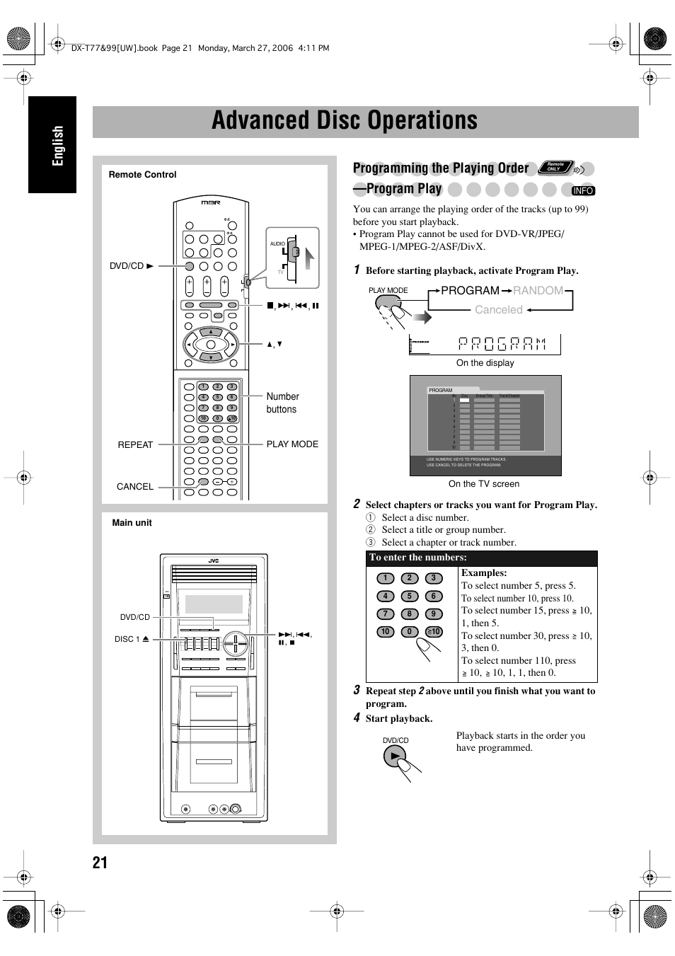 Advanced disc operations, English, Programming the playing order —program play | Program random canceled | JVC DX-T66 User Manual | Page 278 / 356