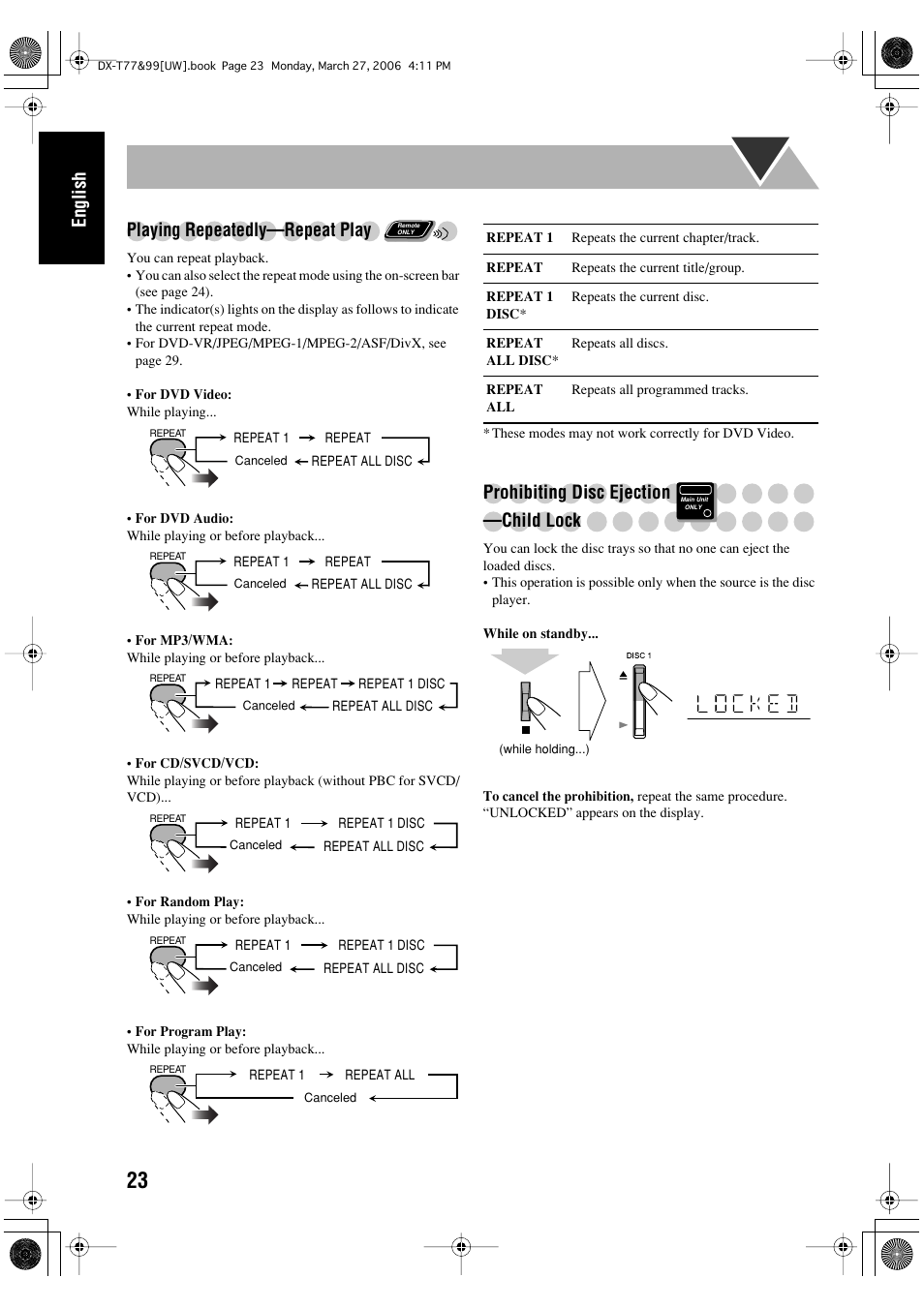 English, Playing repeatedly—repeat play, Prohibiting disc ejection —child lock | JVC DX-T66 User Manual | Page 280 / 356