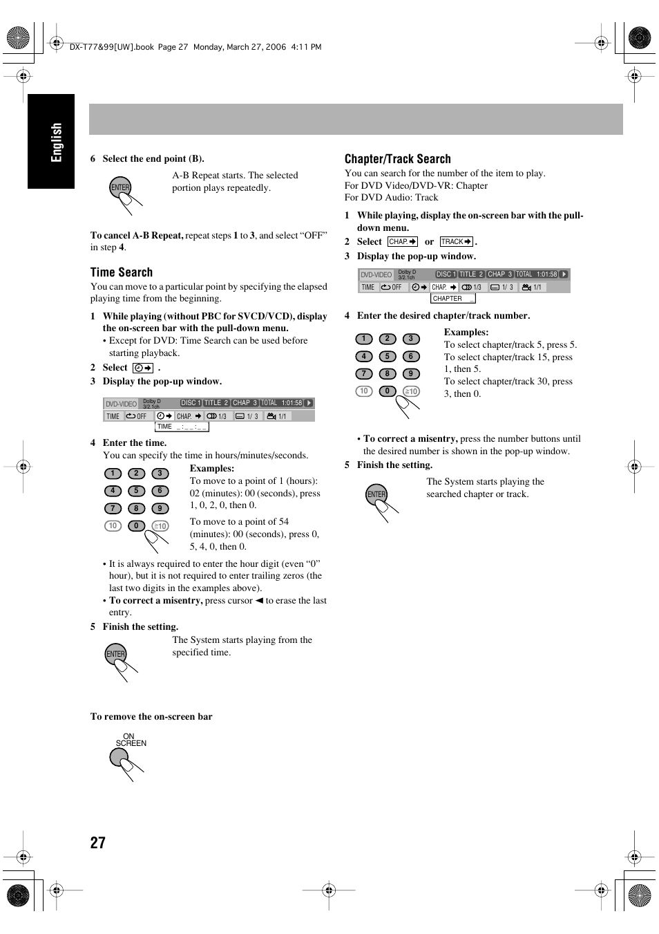 English, Time search, Chapter/track search | JVC DX-T66 User Manual | Page 284 / 356