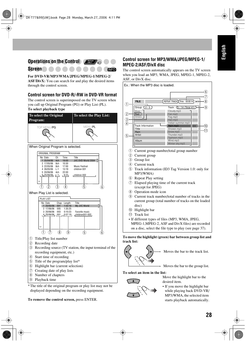 English operations on the control screen, Control screen for dvd-r/-rw in dvd-vr format | JVC DX-T66 User Manual | Page 285 / 356