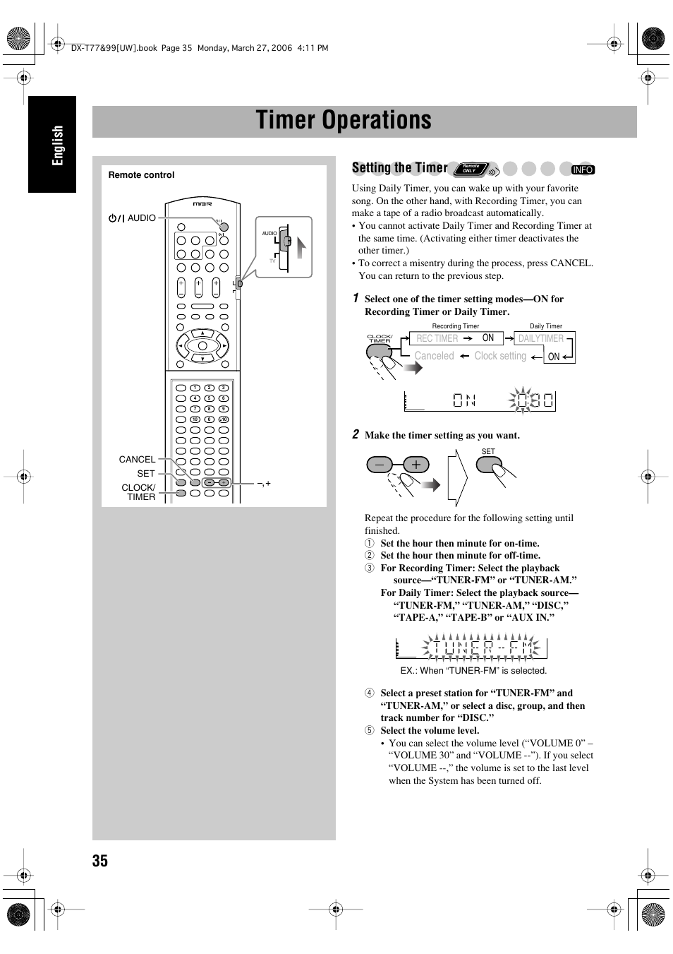 Timer operations, English, Setting the timer | JVC DX-T66 User Manual | Page 292 / 356