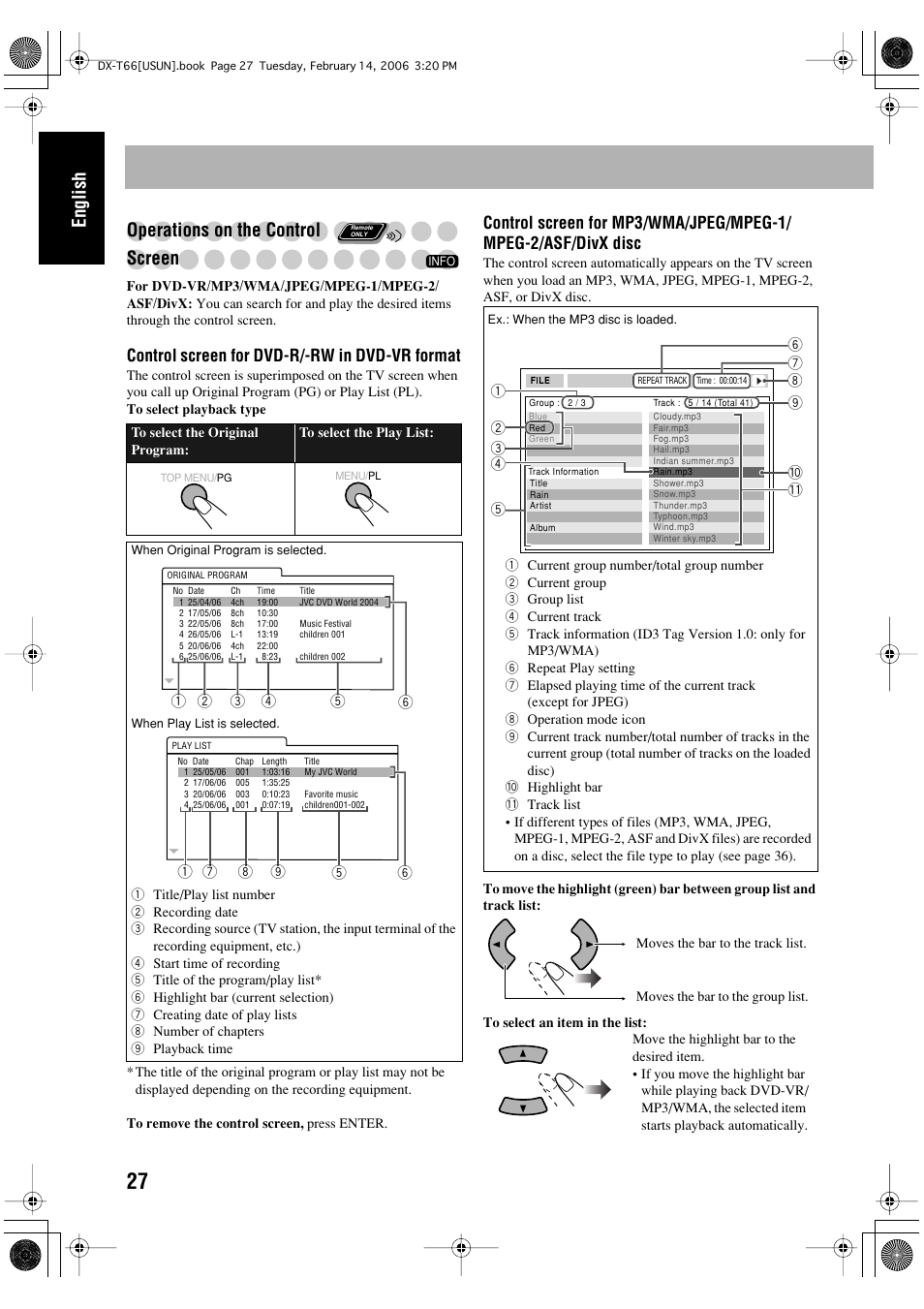 English operations on the control screen, Control screen for dvd-r/-rw in dvd-vr format | JVC DX-T66 User Manual | Page 30 / 356