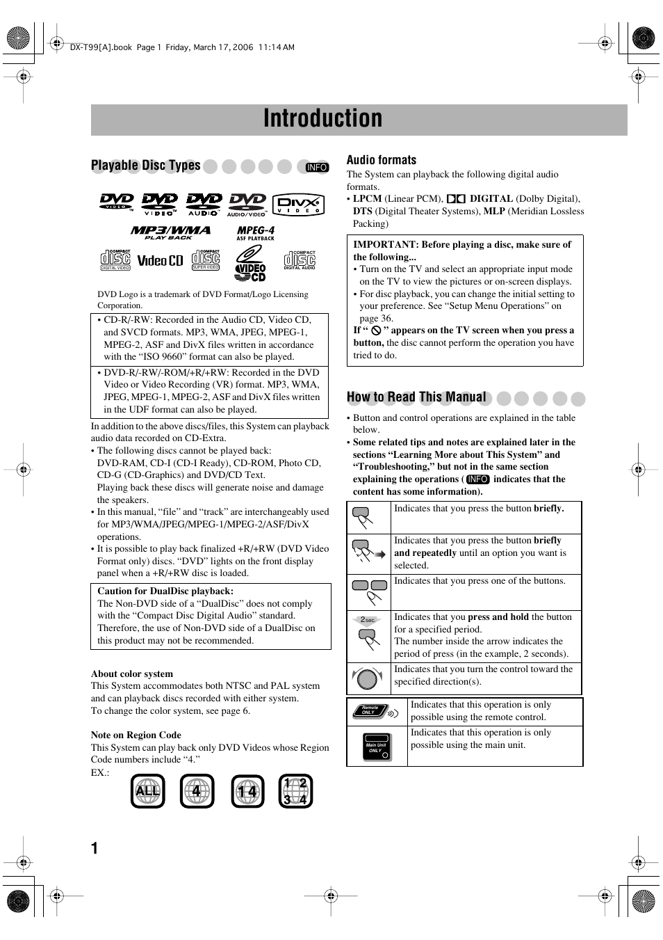 Introduction, Playable disc types, How to read this manual | JVC DX-T66 User Manual | Page 310 / 356