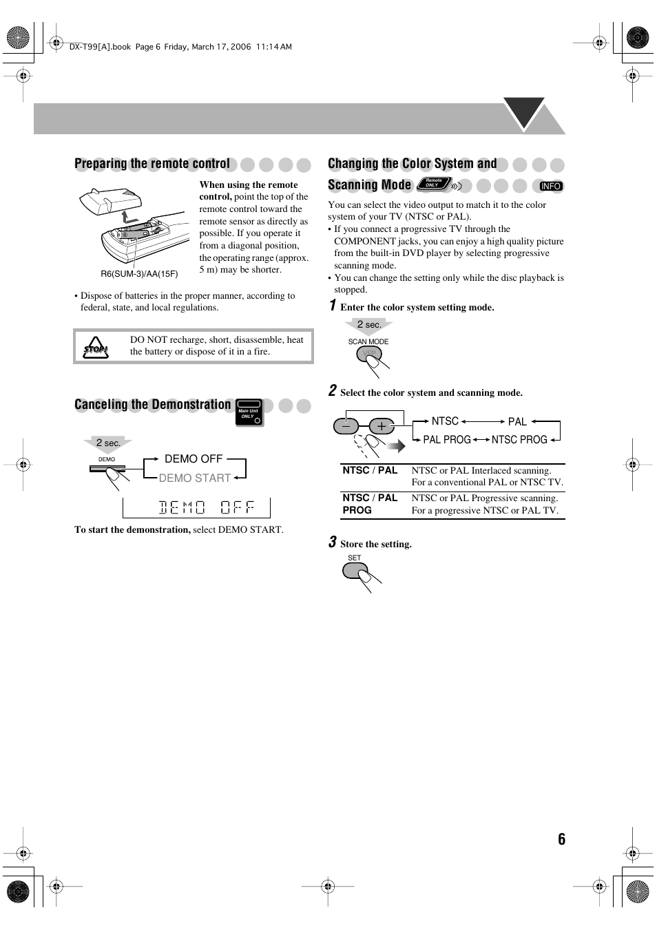 Preparing the remote control, Canceling the demonstration, Changing the color system and scanning mode | JVC DX-T66 User Manual | Page 315 / 356