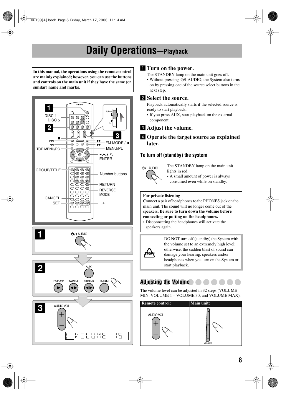 Daily operations —playback, Daily operations, Playback | Turn on the power, Øselect the source, Adjusting the volume | JVC DX-T66 User Manual | Page 317 / 356