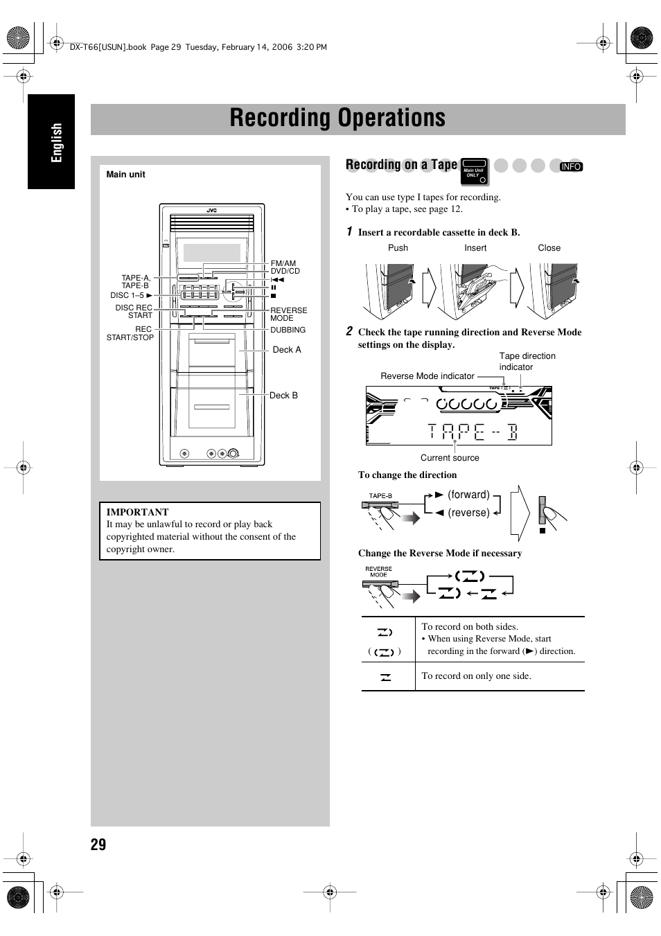 Recording operations, English, Recording on a tape | JVC DX-T66 User Manual | Page 32 / 356