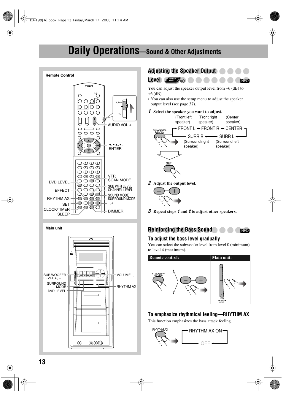 Daily operations —sound & other adjustments, Daily operations, Sound & other adjustments | Adjusting the speaker output level, Reinforcing the bass sound | JVC DX-T66 User Manual | Page 322 / 356
