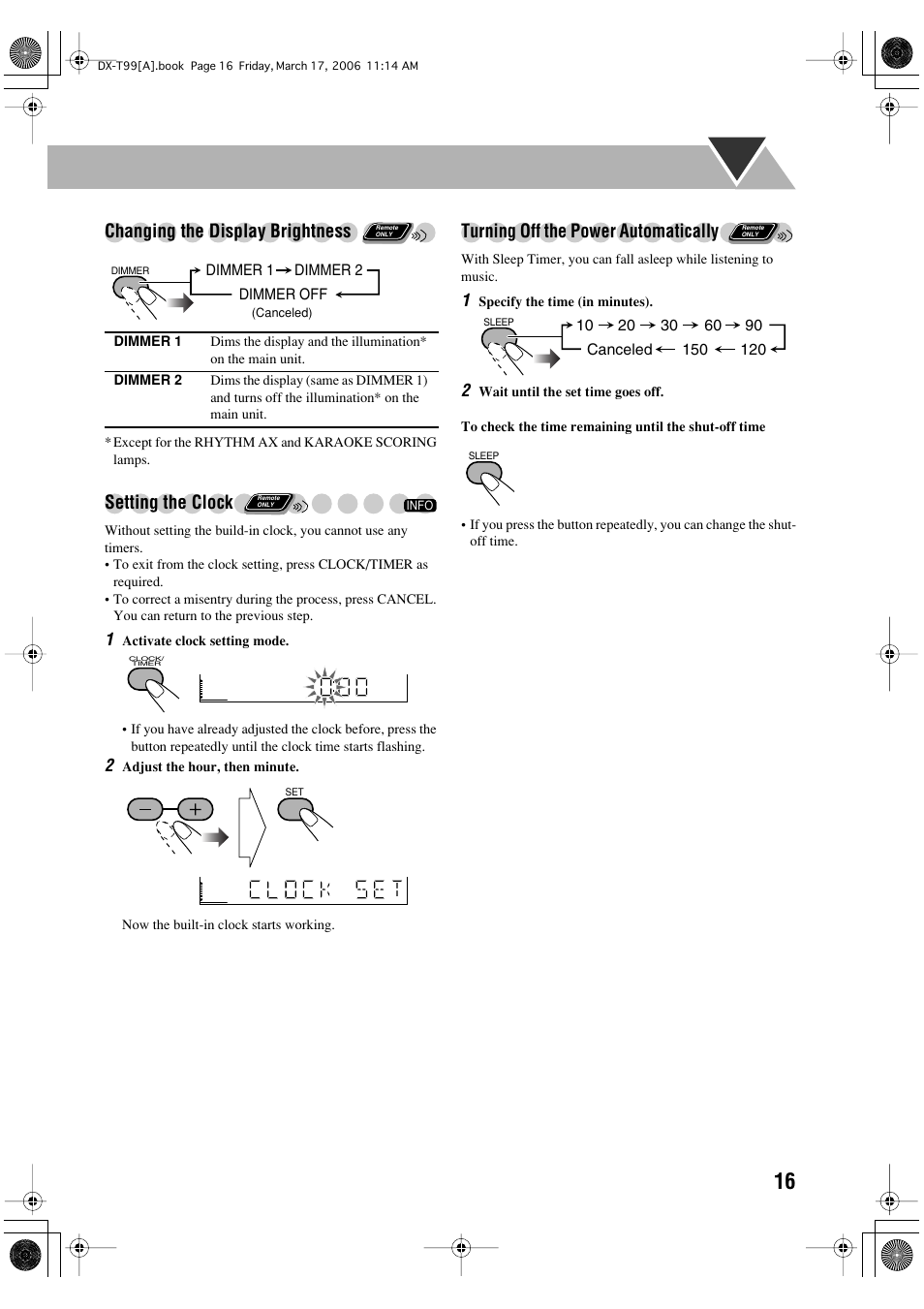 Changing the display brightness, Setting the clock, Turning off the power automatically | JVC DX-T66 User Manual | Page 325 / 356