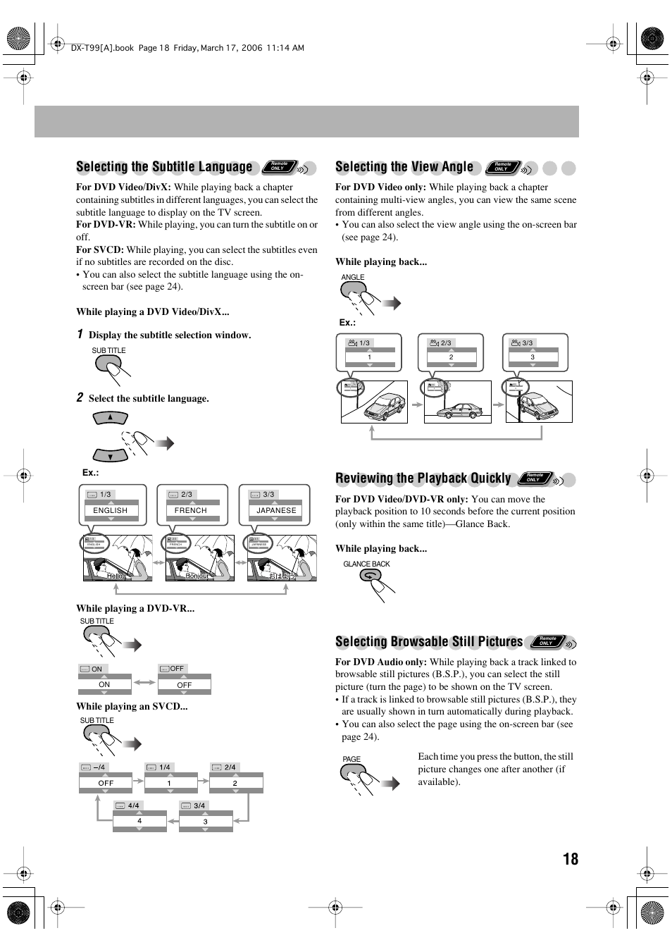 Selecting the subtitle language, Selecting the view angle, Reviewing the playback quickly | Selecting browsable still pictures | JVC DX-T66 User Manual | Page 327 / 356