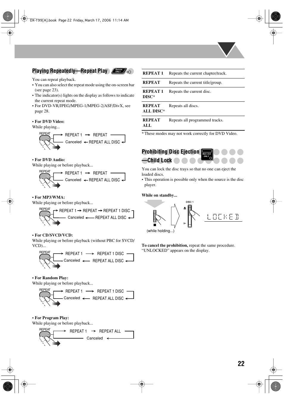 Playing repeatedly—repeat play, Prohibiting disc ejection —child lock | JVC DX-T66 User Manual | Page 331 / 356