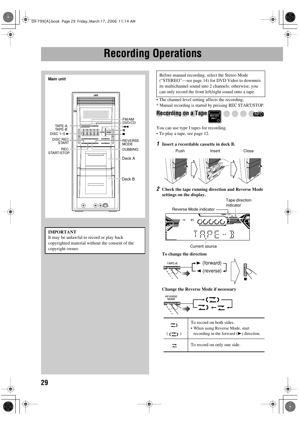 Recording operations, Recording on a tape | JVC DX-T66 User Manual | Page 338 / 356