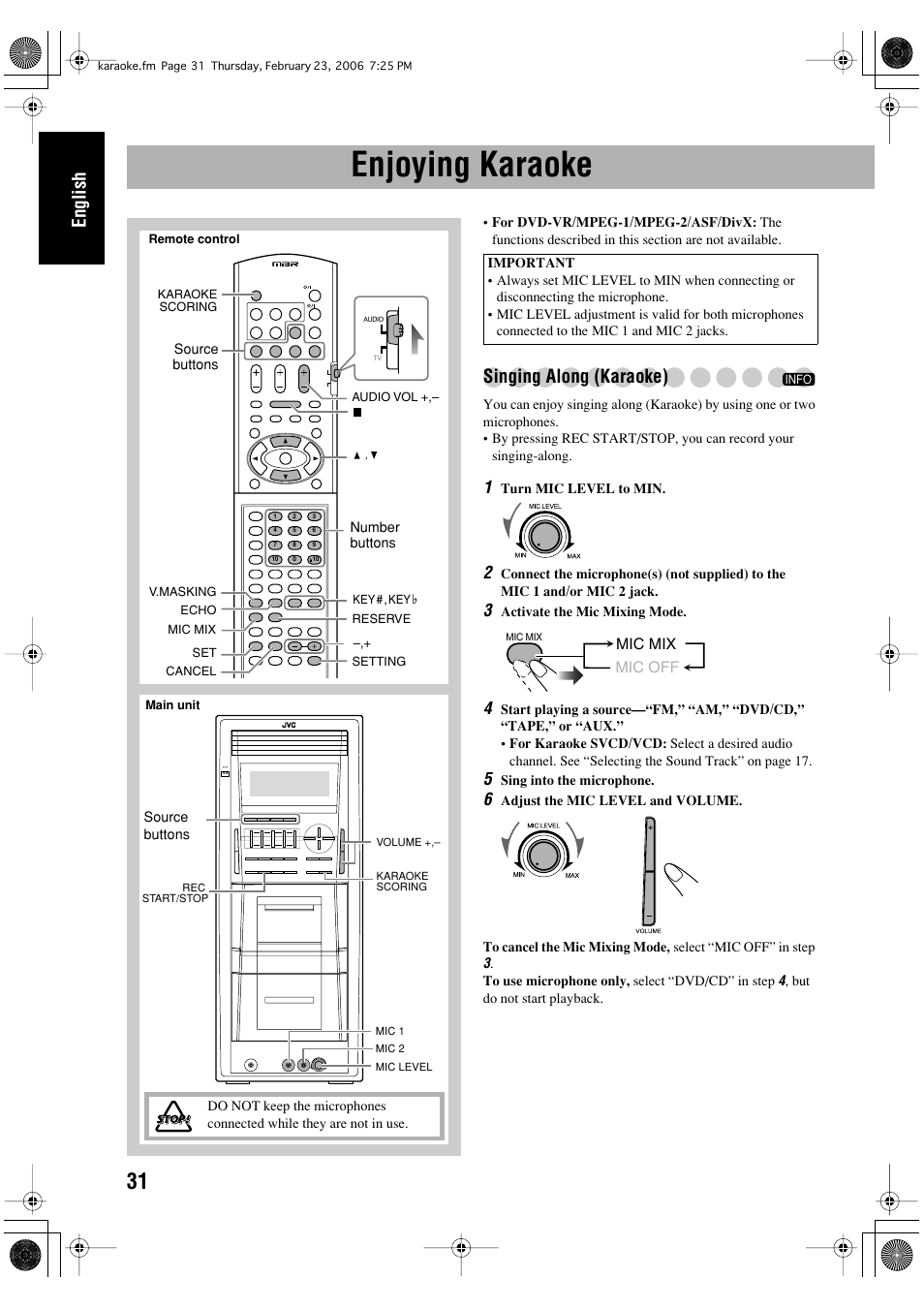 Enjoying karaoke, English, Singing along (karaoke) | JVC DX-T66 User Manual | Page 34 / 356