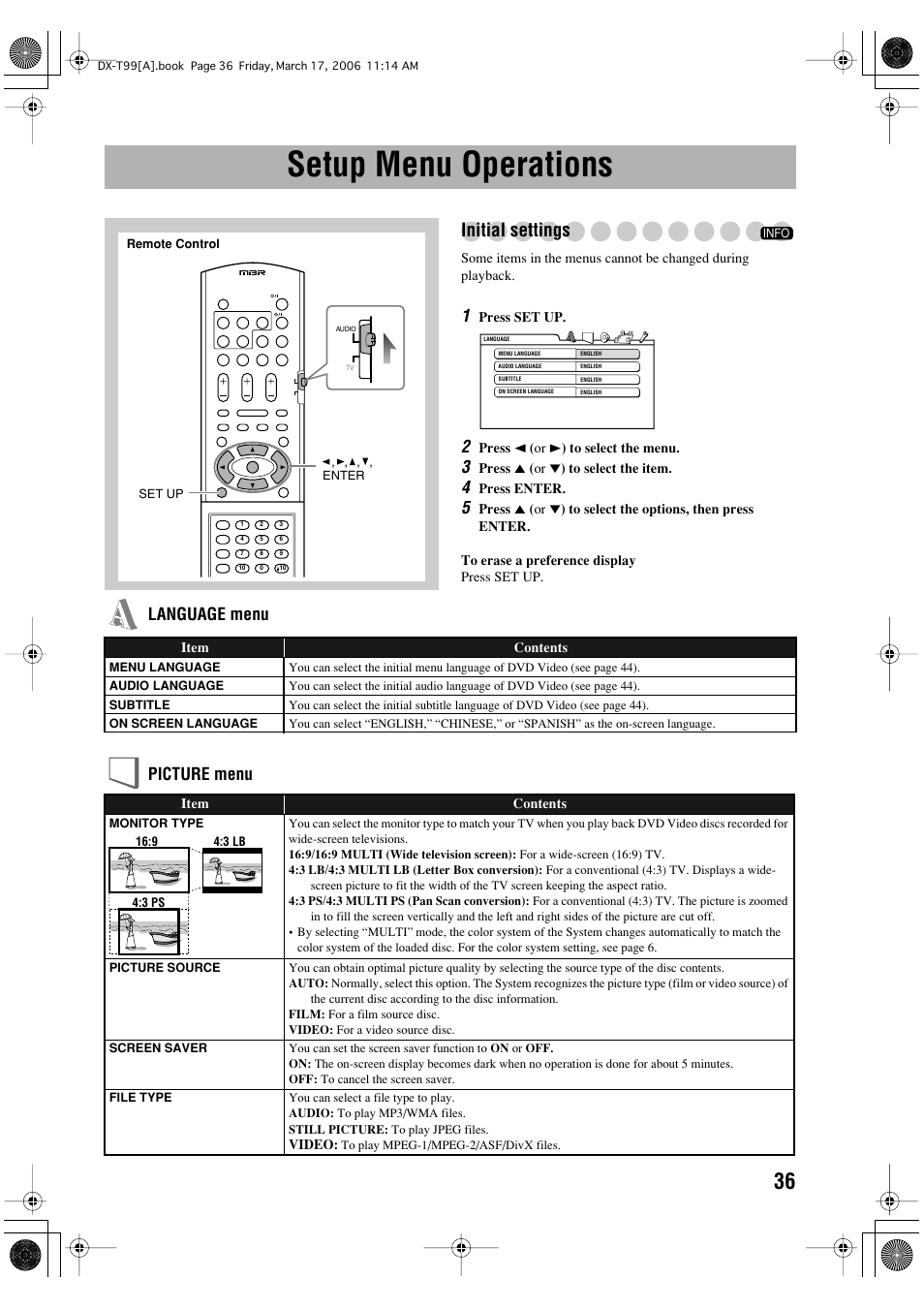 Setup menu operations, Initial settings, Language menu picture menu | JVC DX-T66 User Manual | Page 345 / 356