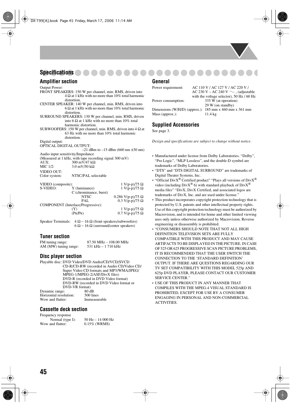 Specifications, General, Supplied accessories | JVC DX-T66 User Manual | Page 354 / 356