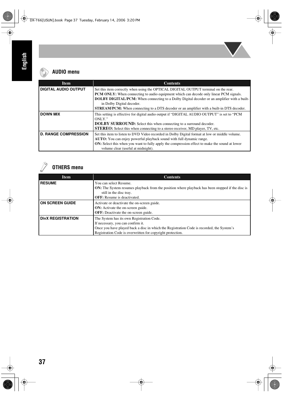 English, Audio menu, Others menu | JVC DX-T66 User Manual | Page 40 / 356