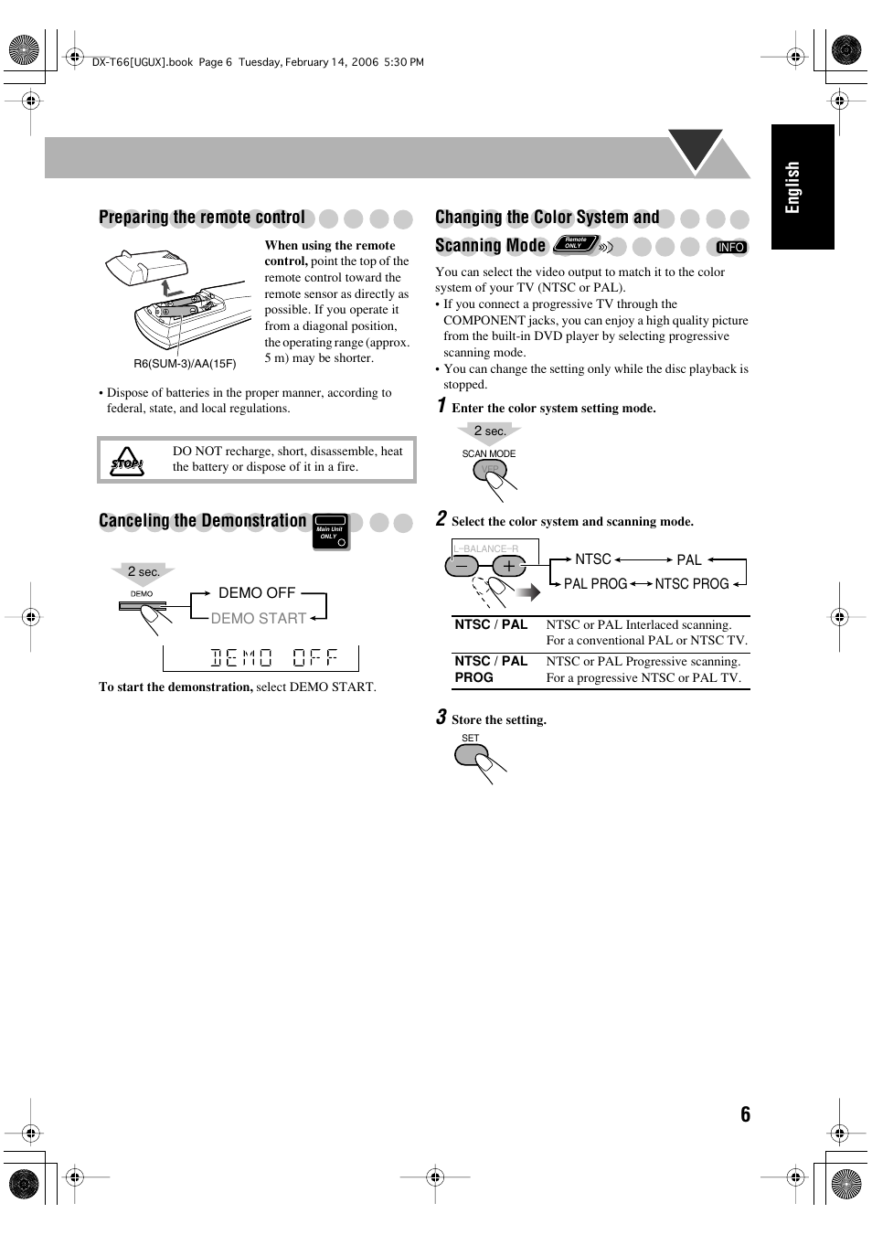 English preparing the remote control, Canceling the demonstration, Changing the color system and scanning mode | JVC DX-T66 User Manual | Page 59 / 356