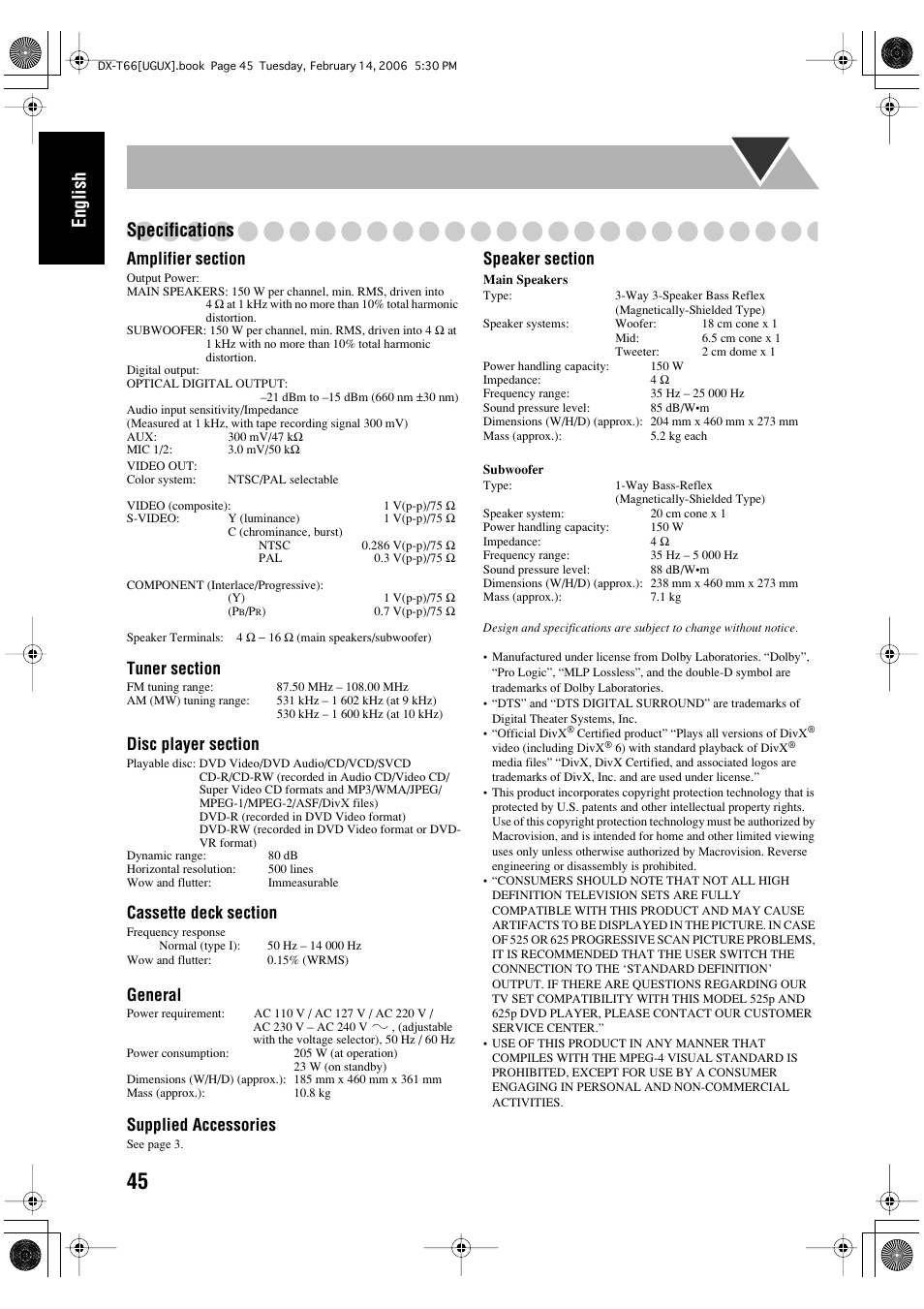 English specifications, General, Supplied accessories | JVC DX-T66 User Manual | Page 98 / 356