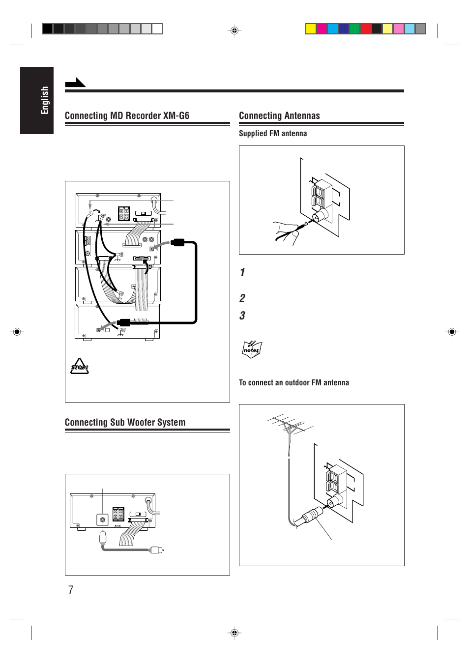 English connecting antennas, Connecting md recorder xm-g6, Connecting sub woofer system | Supplied fm antenna | JVC AX-UXG66 User Manual | Page 12 / 38