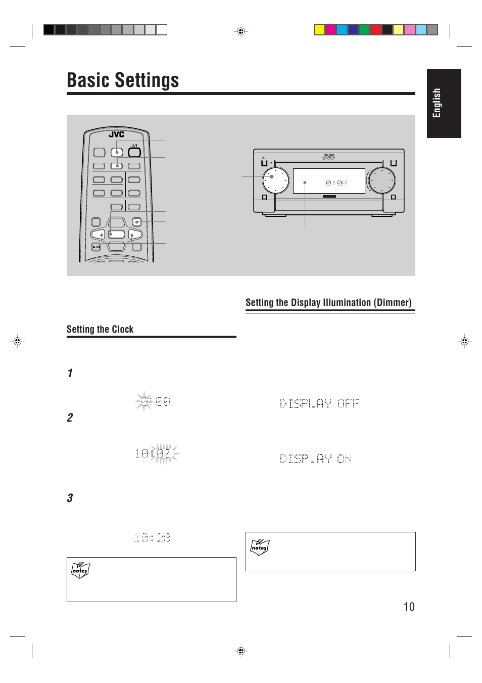 Basic settings, English, Setting the clock | Setting the display illumination (dimmer) | JVC AX-UXG66 User Manual | Page 15 / 38